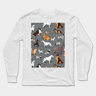 Origami doggie friends II // pattern // grey green linen texture background paper dogs Long Sleeve T-Shirt